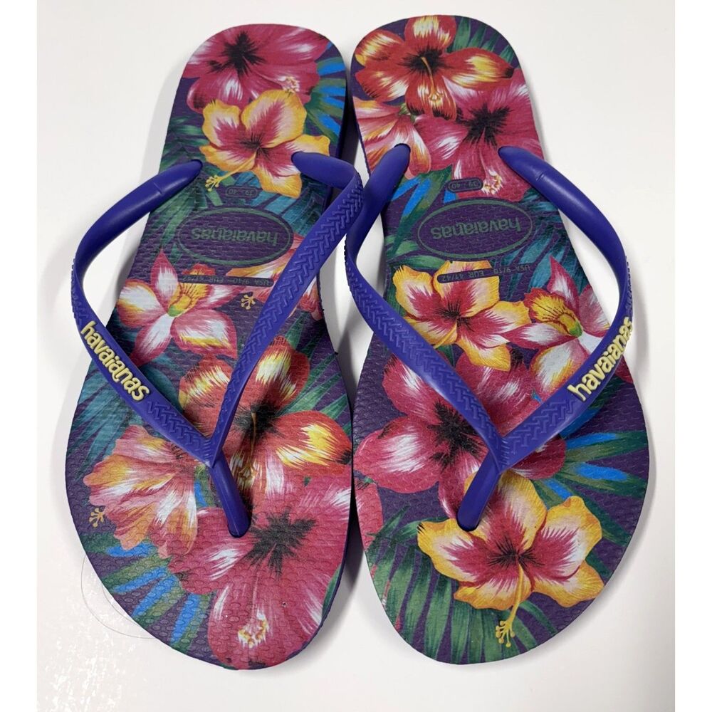 Havaianas Slim Hibisco Flip Flops Ballet Rose Purple Floral Tropical Size 39/40